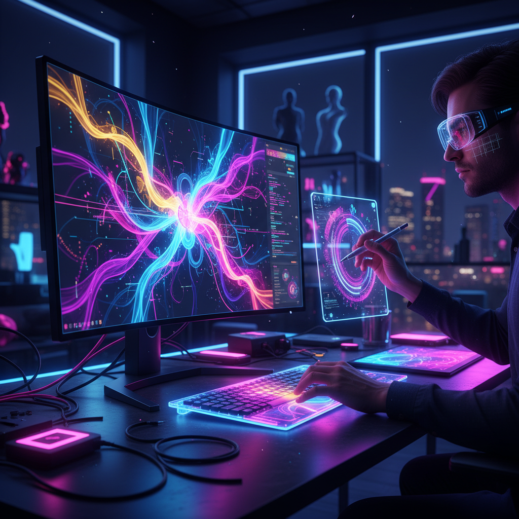 Colorful abstract digital painting with swirling dark gradients and neon accents, dim atmospheric studio