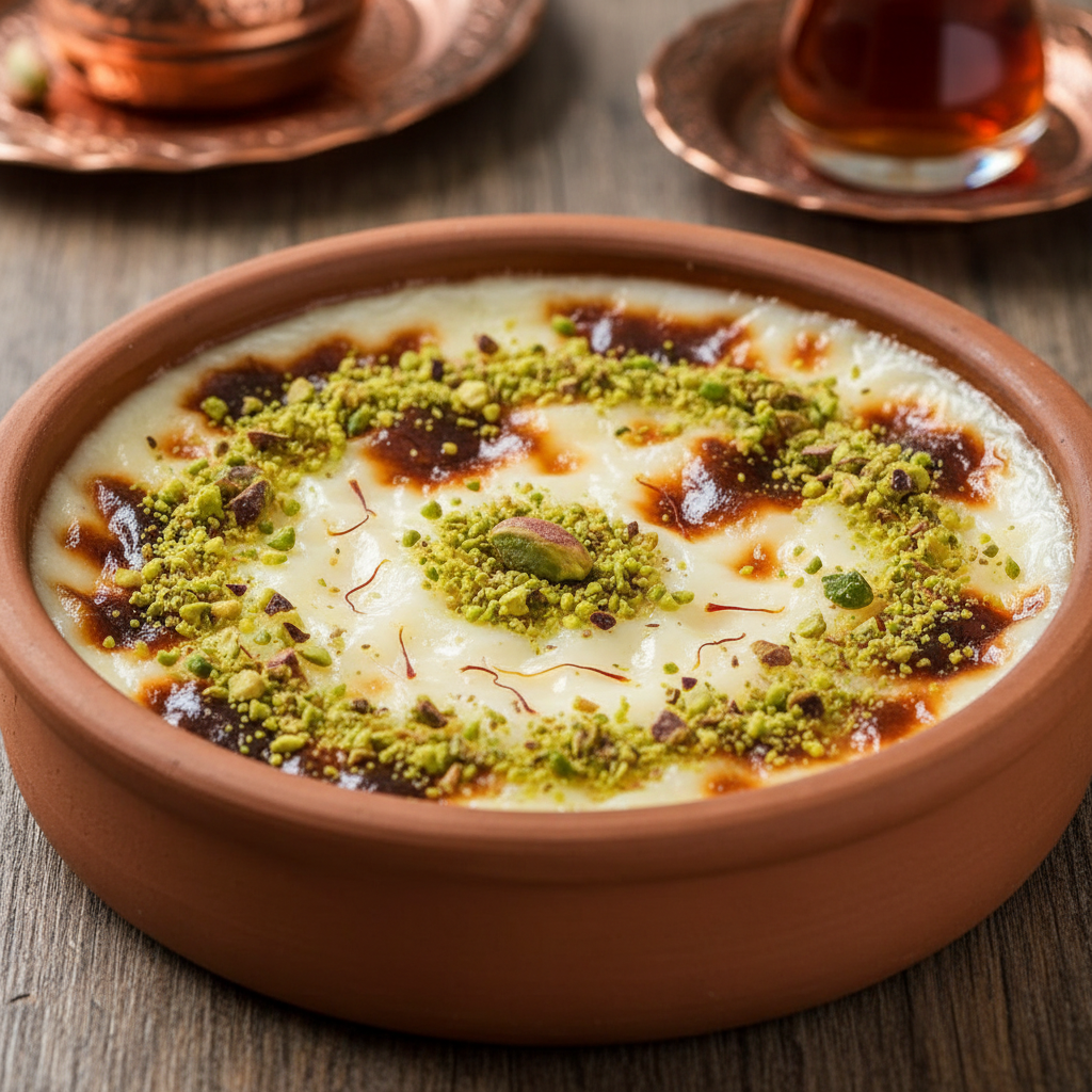 Turkish rice pudding dessert with pistachio garnish