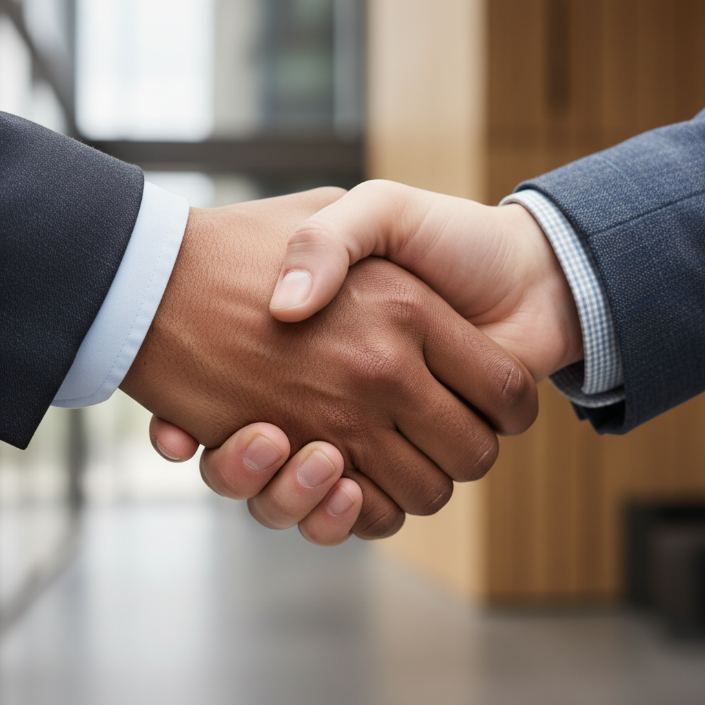 Executive handshake symbolizing trusted business partnership and international collaboration