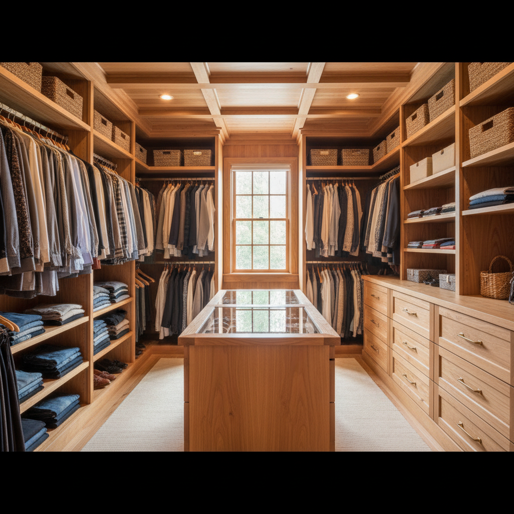 Walk-in closet system with wooden shelving, drawers and hanging rails