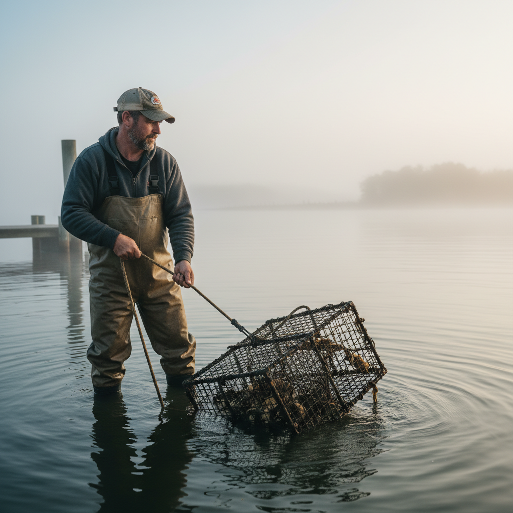 Waterman hauling a floating oyster cage by hand from the bay at dawn with fog in the background