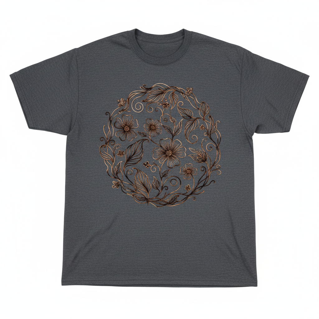 Dark grey tee with fine wire-mesh botanical illustration burned center