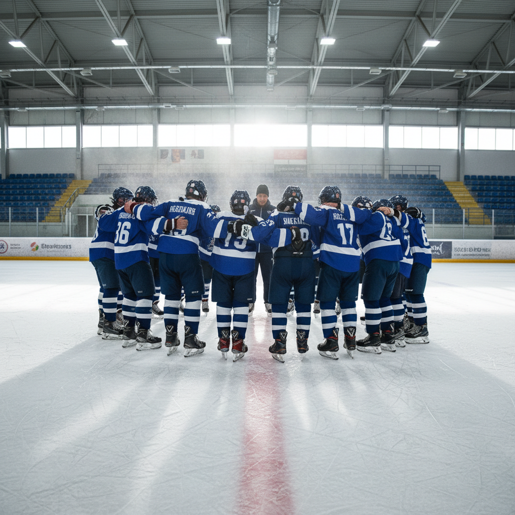Junior athletes in a team huddle on ice after a training session