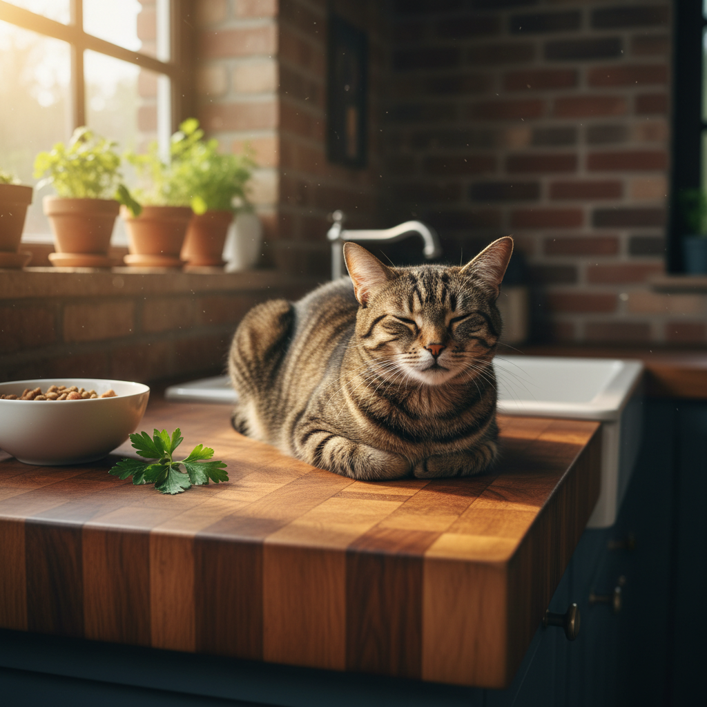 Tabby cat resting on a warm butcher-block kitchen counter with morning light streaming in, a ceramic bowl and sprig of parsley nearby