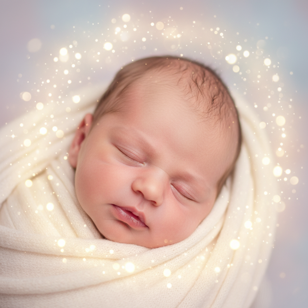 Newborn baby wrapped in soft fabric, sleeping peacefully, warm studio lighting