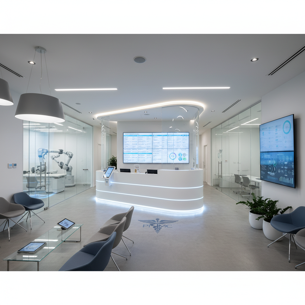 Clean modern medical clinic reception, bright white lighting, minimal clinical aesthetic