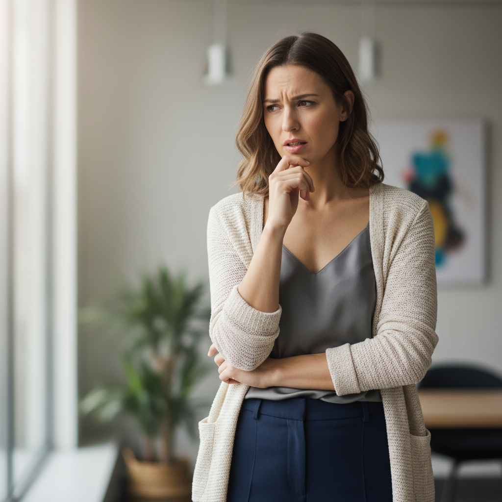 Woman in casual business attire looking uncertain in office setting