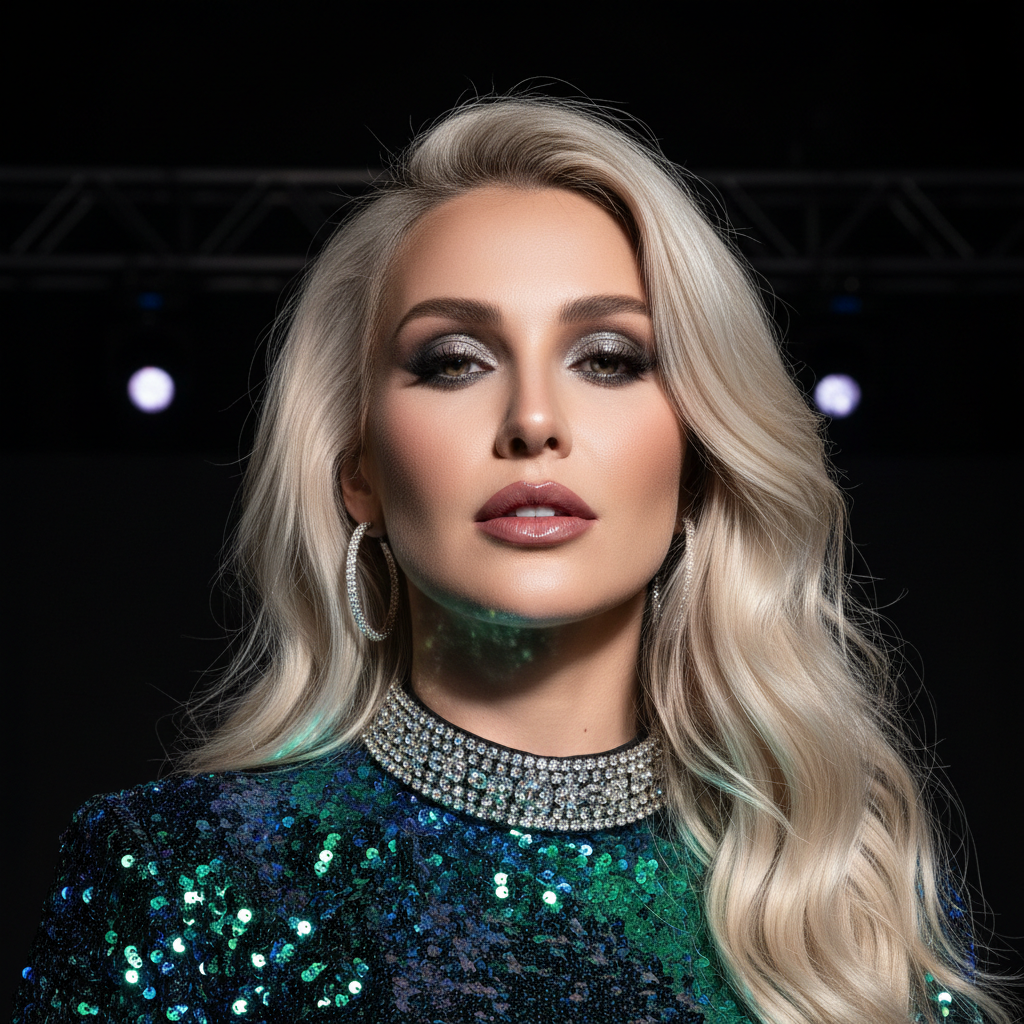 Female pop icon performing under golden stage spotlight in dark atmospheric concert hall with glamorous setting