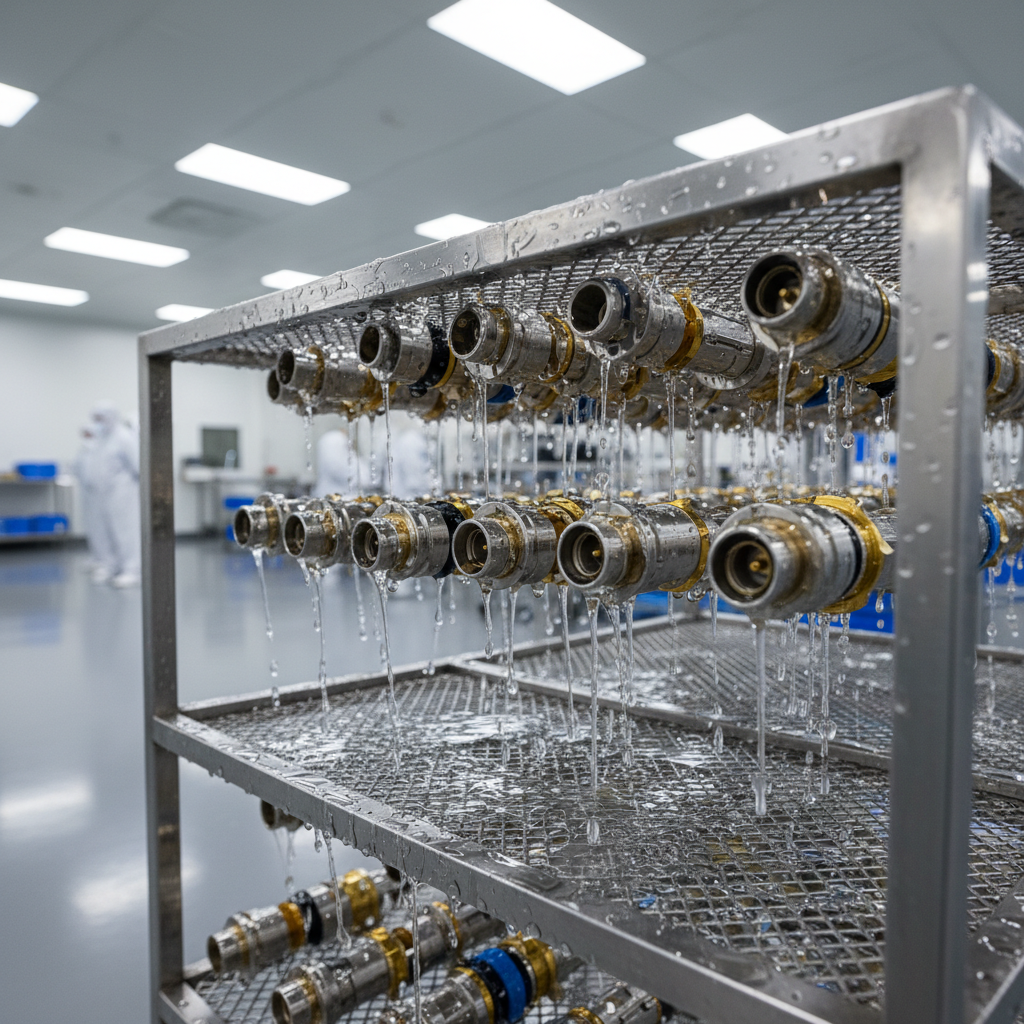 Rack of aerospace connectors dripping from the rinse tank, freshly plated and ready for inspection