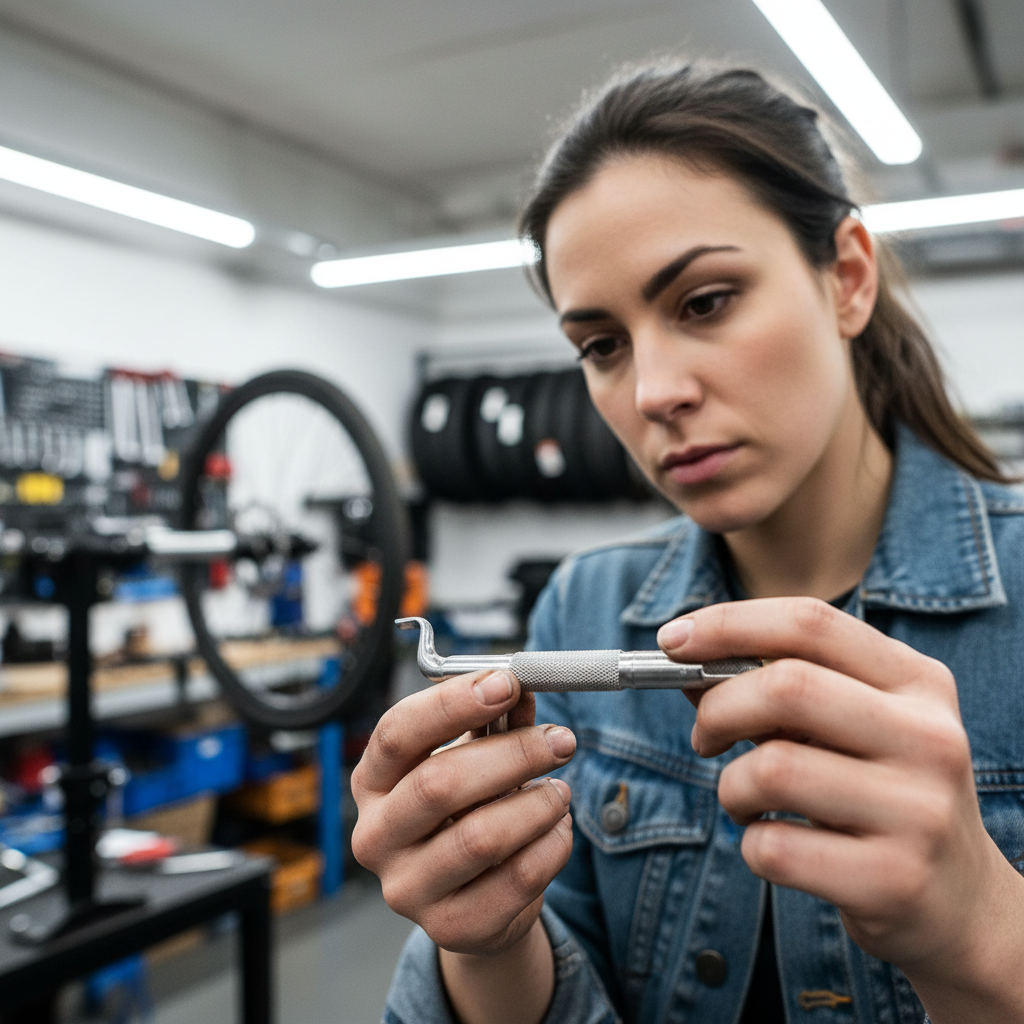 Priya Nair, wheel specialist holding a truing stand spoke key, focused expression in workshop