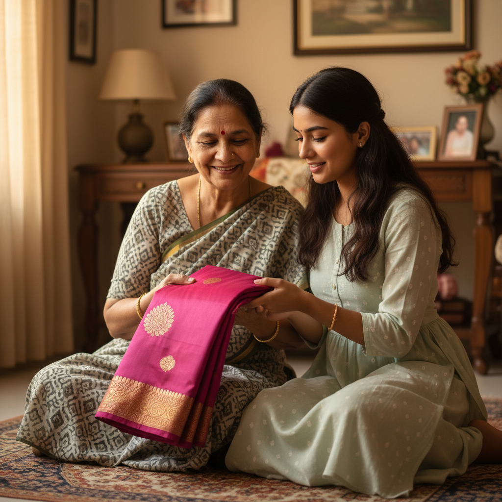 Older Indian mother and young daughter together, mother presenting a folded silk saree as a gift, warm intimate moment
