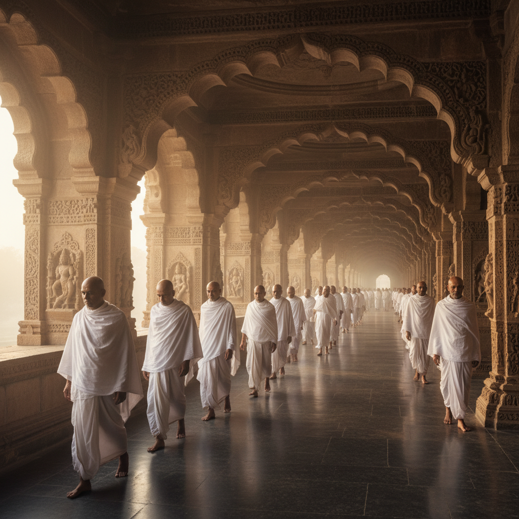Devotees in white clothing walking along temple corridor in early morning