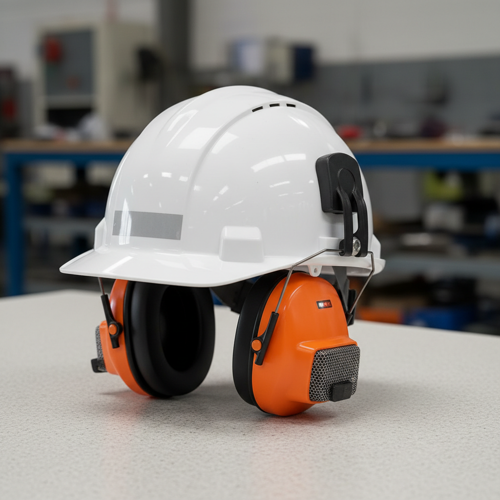 Industrial electronic earmuffs mounted on safety helmet in factory setting
