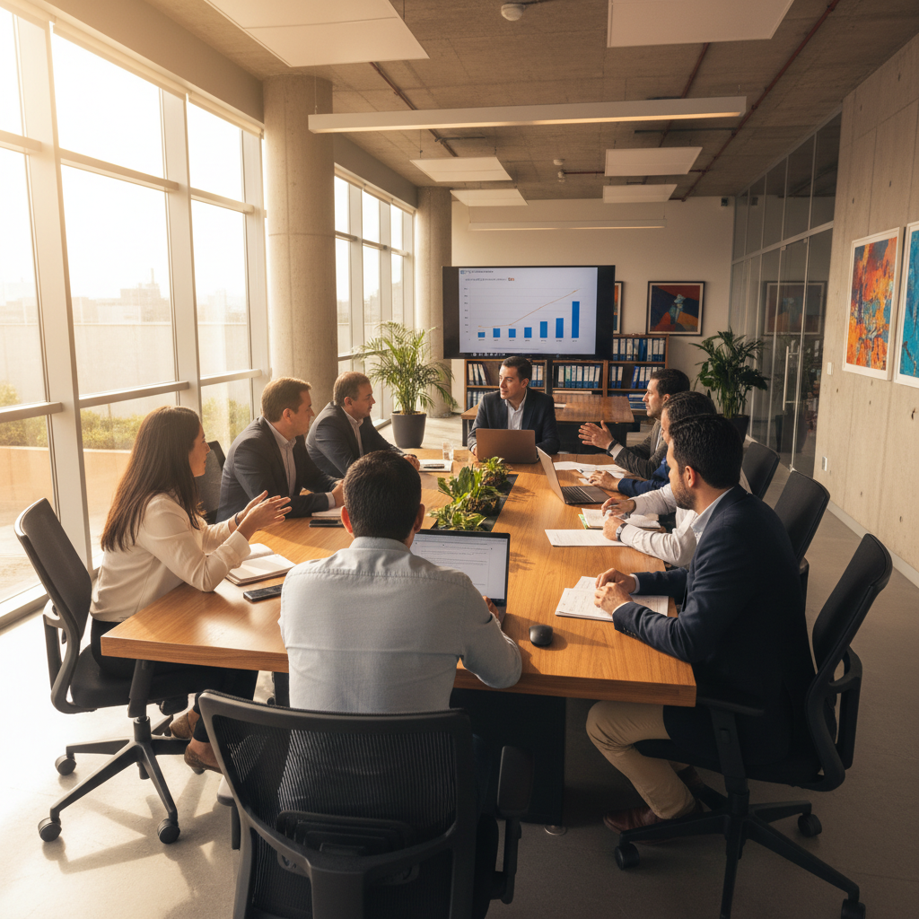 Group of people collaborating around a table in a modern office, warm ambient lighting, dark wood surfaces