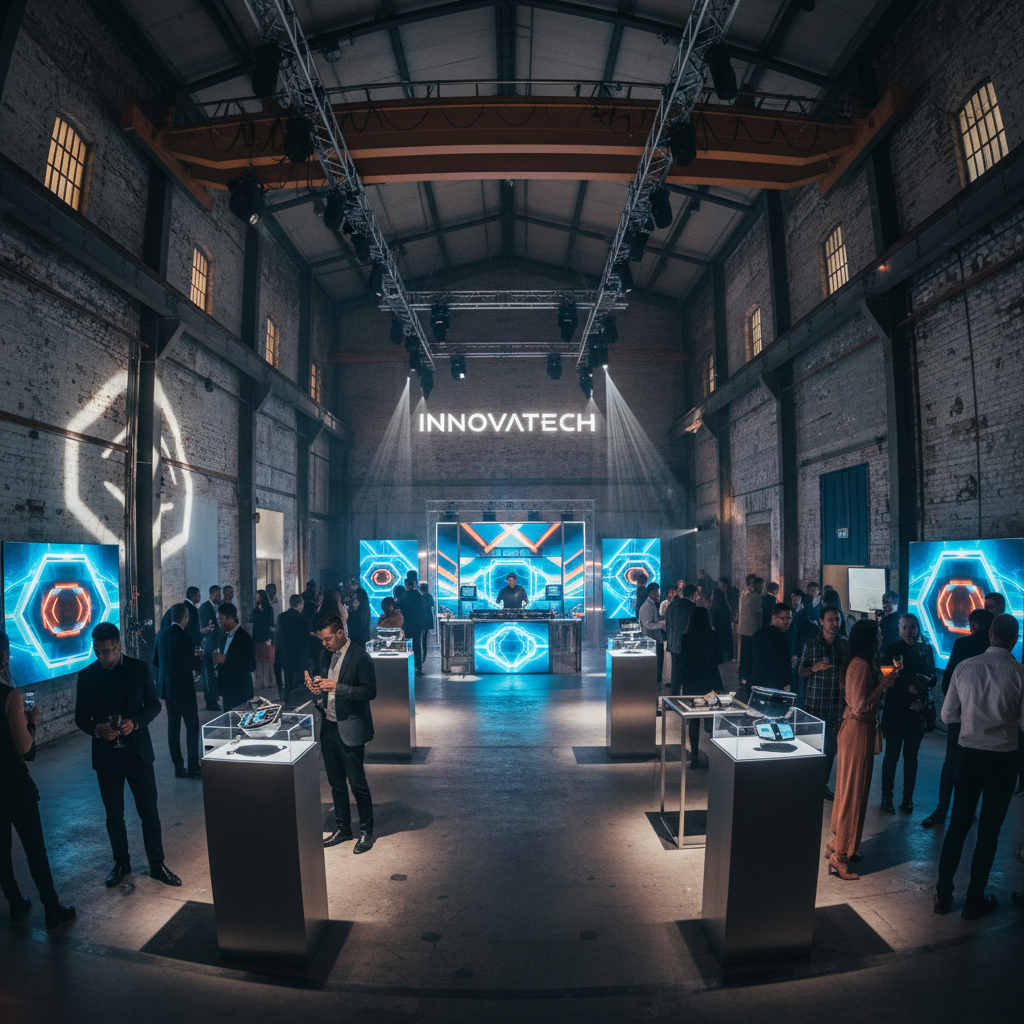 Product launch event in converted factory with dramatic industrial lighting and brand installations