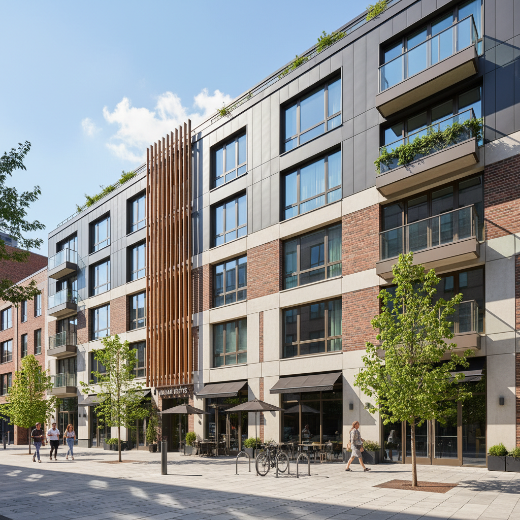Urban apartment building exterior showing architectural detail after renovation