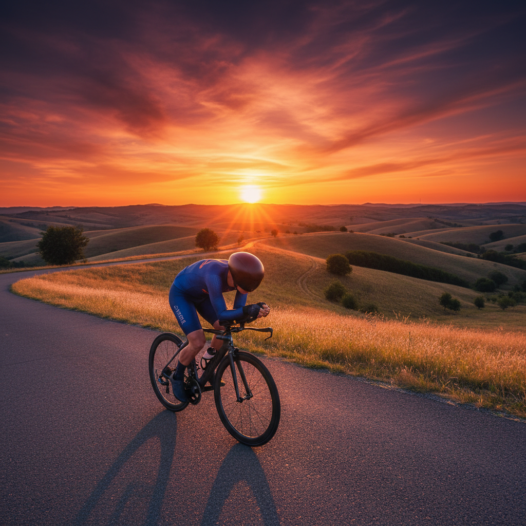 Cyclist in aerodynamic tuck position cresting a hill at golden hour with dramatic sky