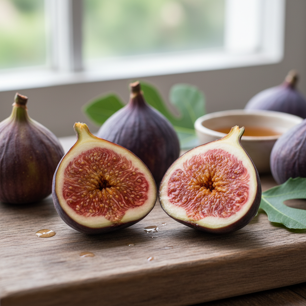 Brown Turkey fig halved to show rose-pink flesh interior with characteristic brown-purple skin