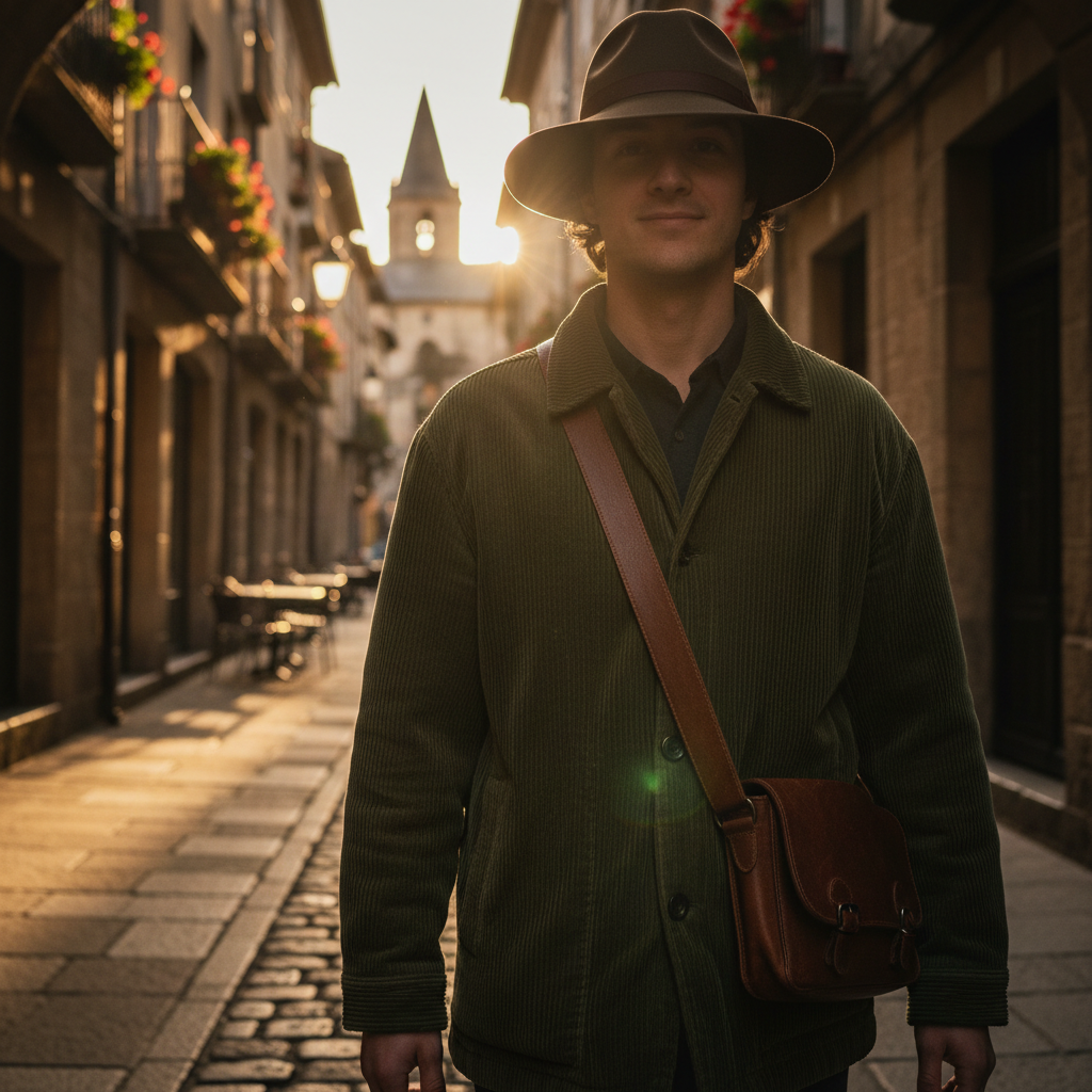 A figure in vintage corduroy jacket walking through a European side street at golden hour, crossbody slung diagonally