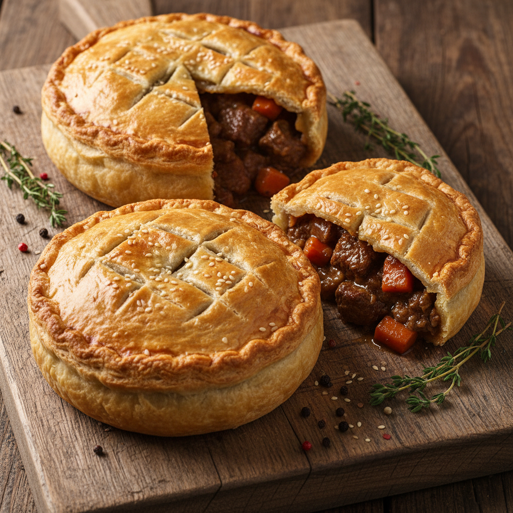 Golden-brown freshly baked meat pies on wooden board in warm bakery display, bright natural light