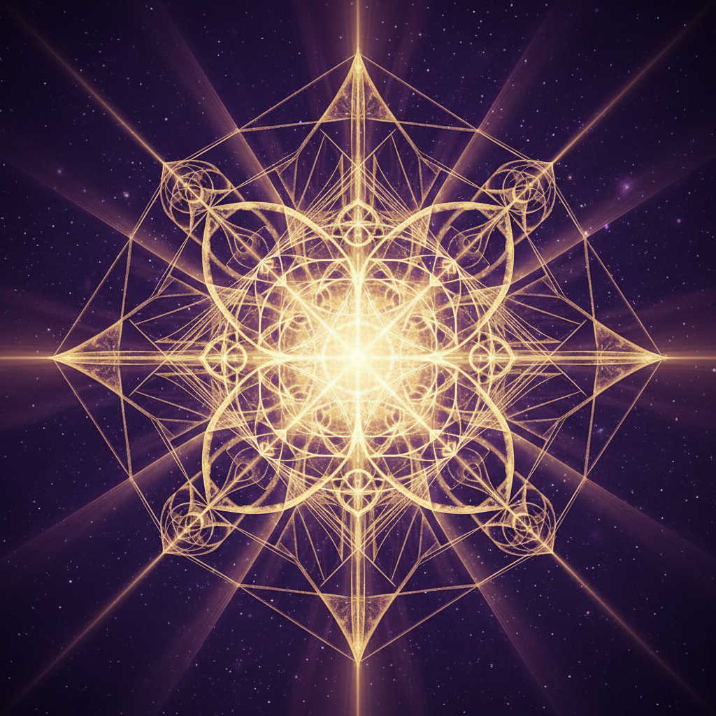 Abstract geometric light in deep violet and gold tones, sacred and expansive, inner light radiating outward