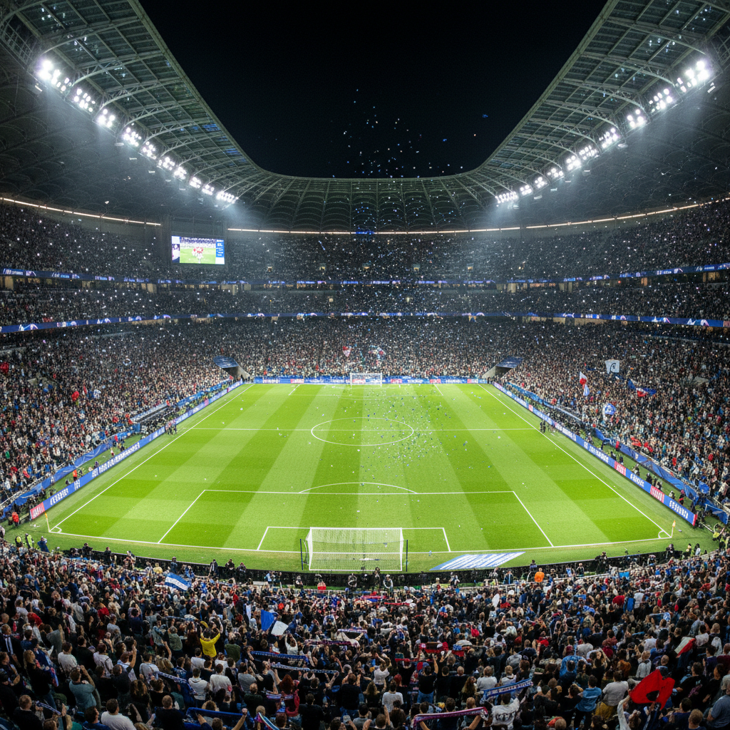 Football stadium at night with deep shadows, atmospheric floodlights casting green on pitch, dark grandstands, cinematic low-key lighting