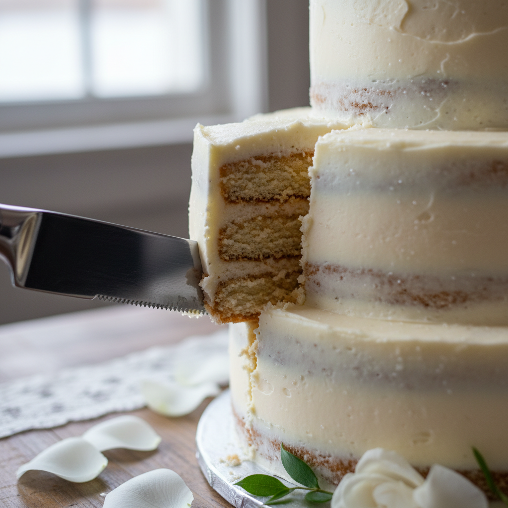 Cake slice showing vanilla sponge layers with rosewater buttercream filling