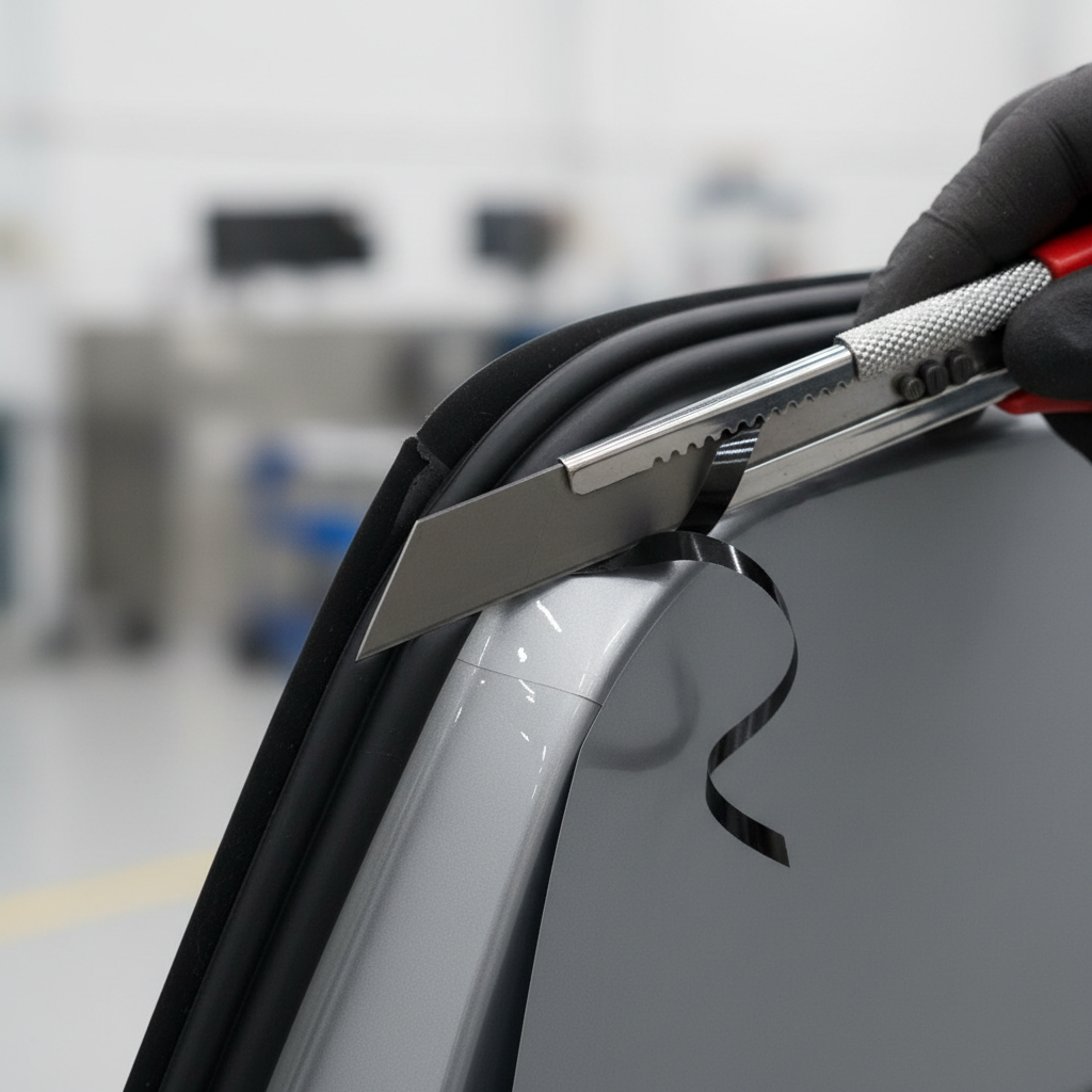 Close-up of precision blade trimming vinyl along a door gasket line leaving a clean factory edge