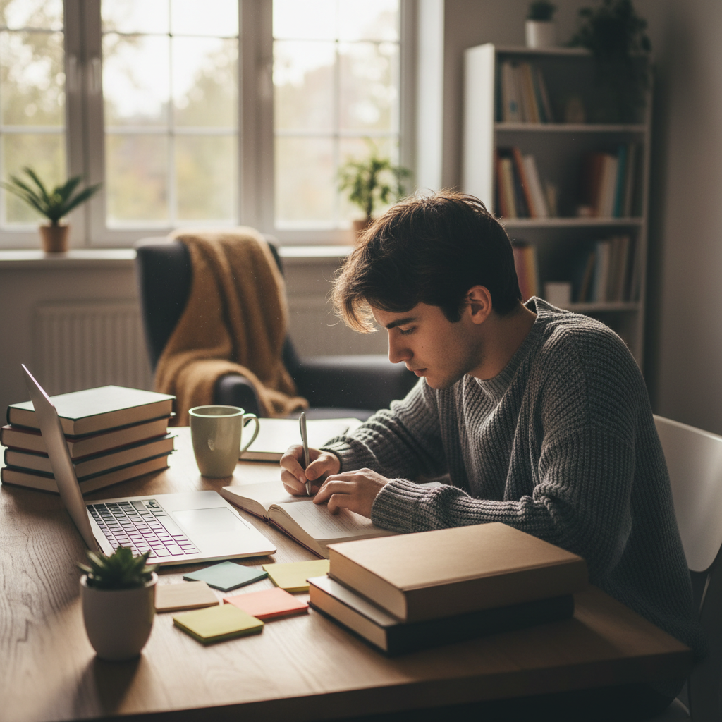 Молодой студент с чашкой кофе