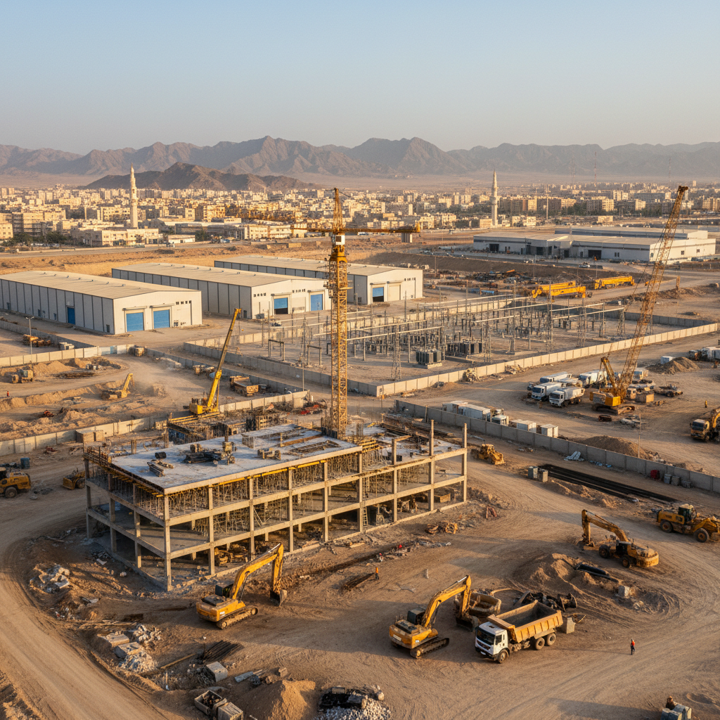 Large scale construction site with cranes and concrete structures, industrial building project