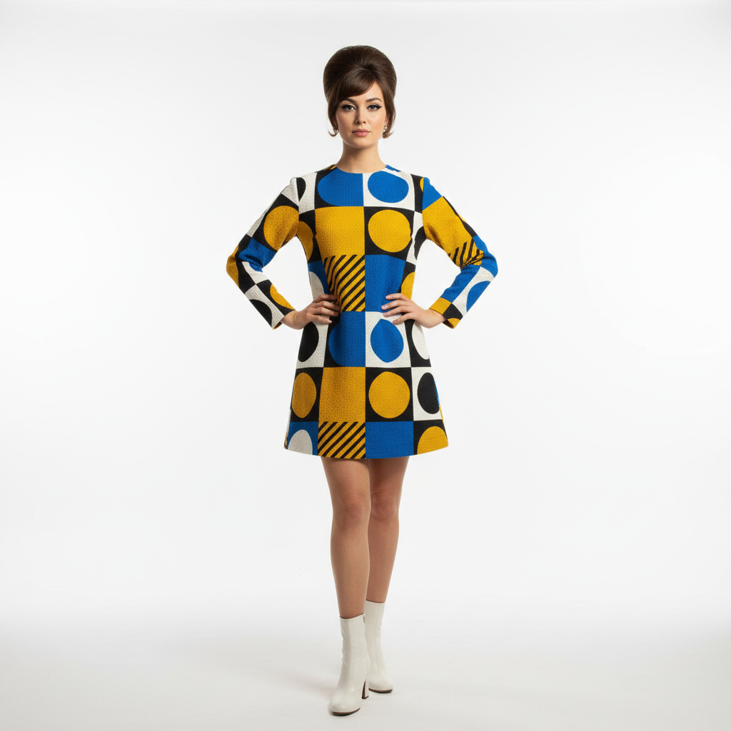 Model in 1960s mod-inspired vintage dress, geometric print, retro editorial