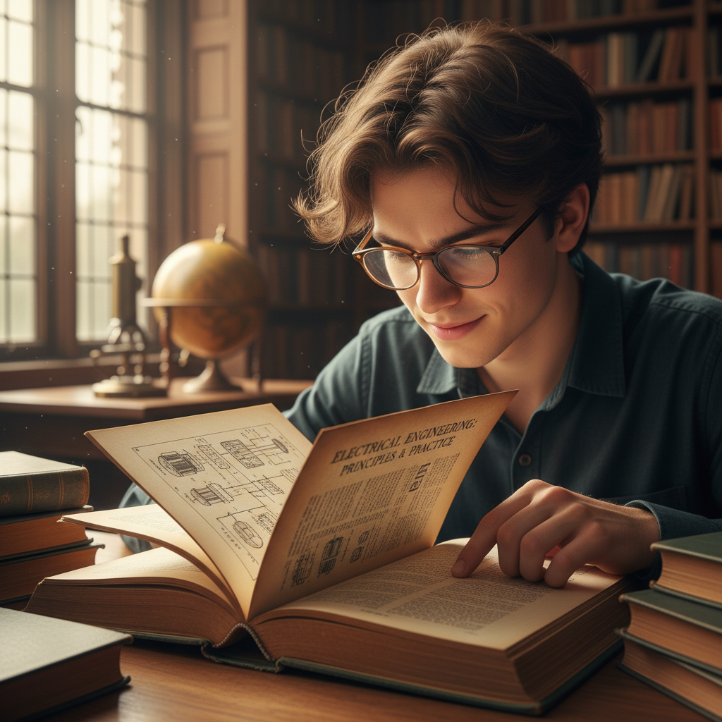 Young student reading an old library book about electronics with curiosity