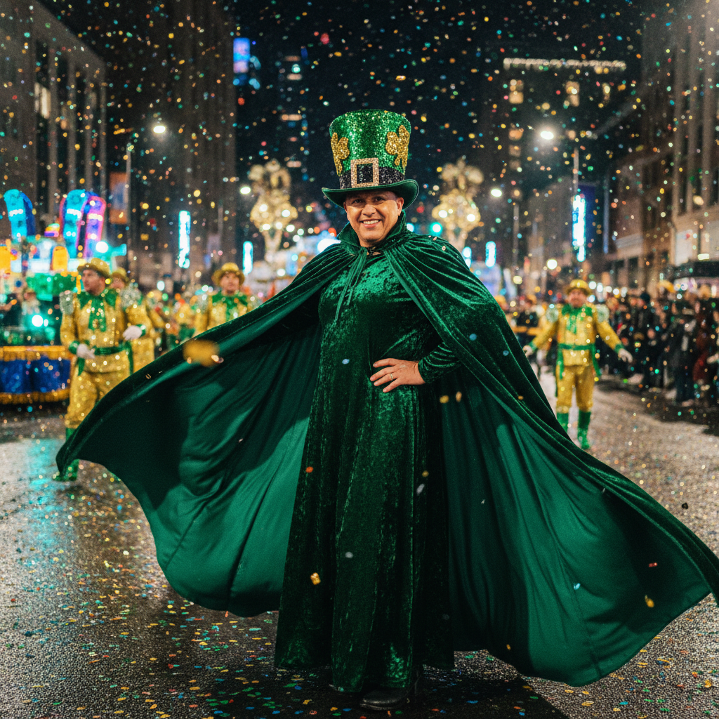Person wearing a dramatic emerald velvet cape and sequined leprechaun hat at St. Patrick's Day parade
