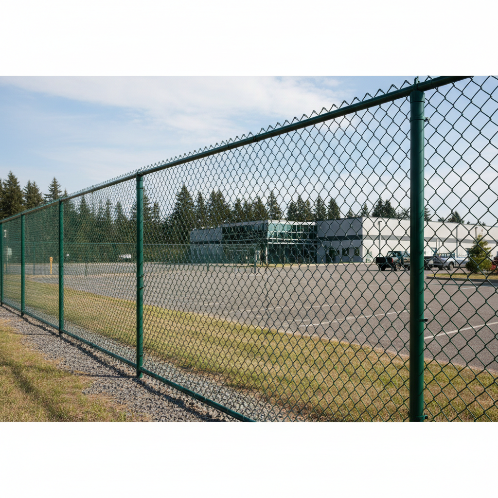 Mission District chain-link security fence with vinyl coating around commercial property
