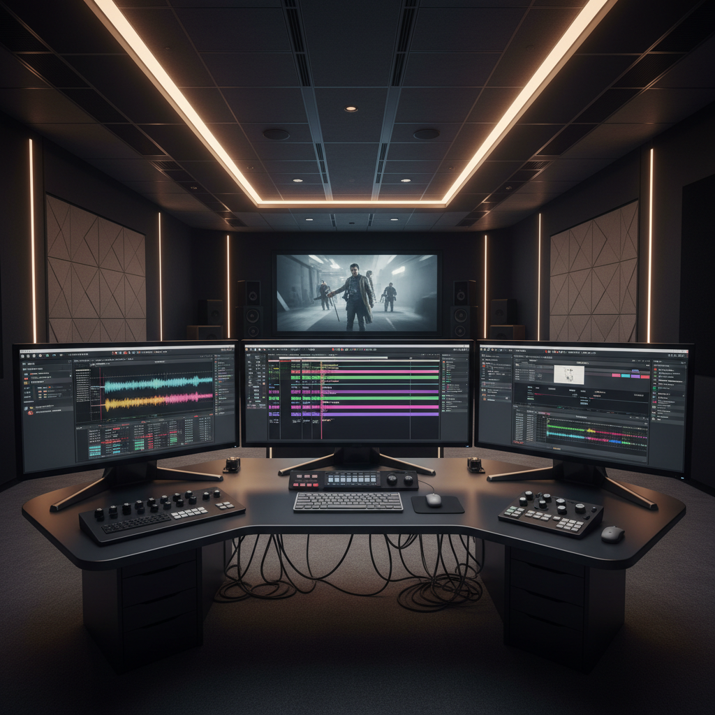 Film editing suite with multiple screens showing timeline and footage review