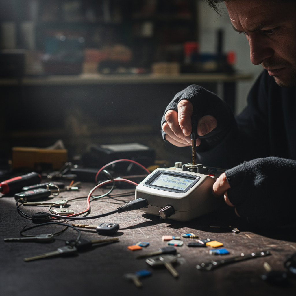 Vehicle key fob and transponder next to automotive diagnostic scanner on dark workshop bench