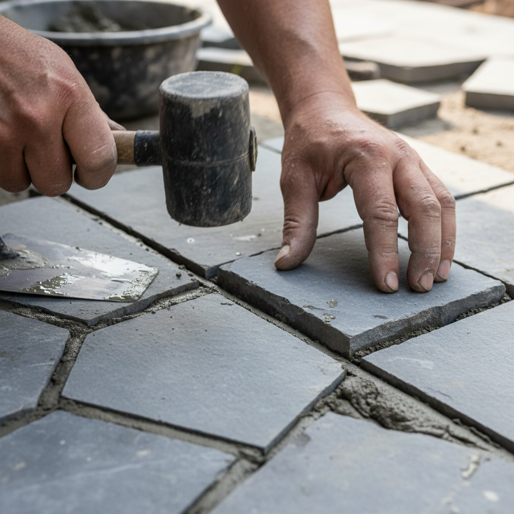 Close-up of craftsman's hands setting irregular bluestone pavers with mortar, precision alignment visible in the tight joints