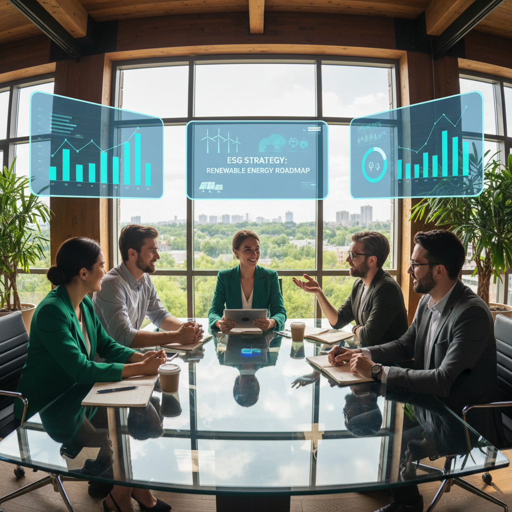 Business leaders reviewing sustainable business strategy charts showing growth and profitability alongside ESG metrics