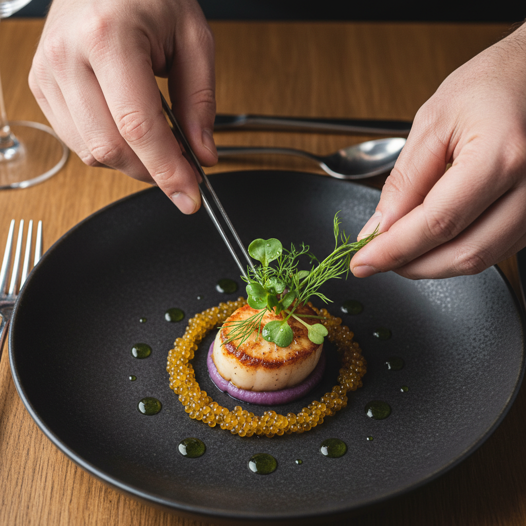 Chef hands placing final herb garnish on tasting menu course, overhead plating shot on dark ceramic