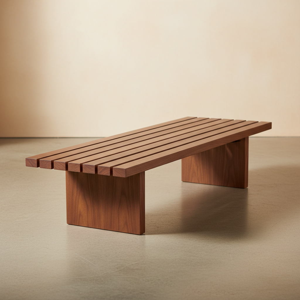 George Nelson platform bench in warm walnut finish with clean horizontal lines