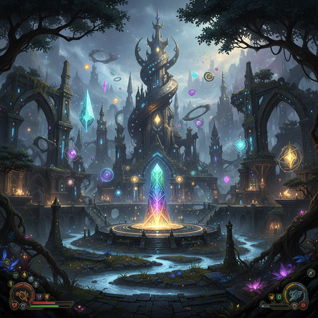Dark fantasy game environment with glowing magical effects, moody atmospheric lighting in a vast digital world