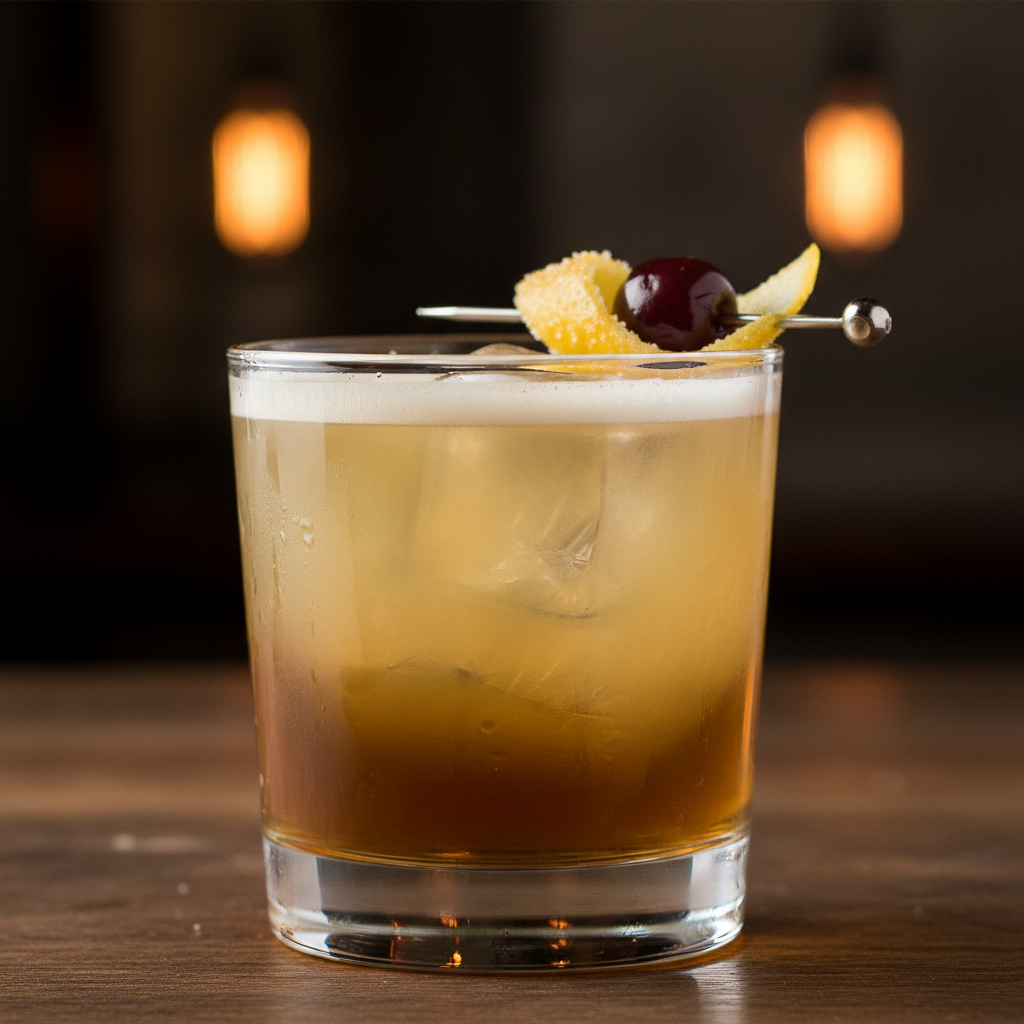 Whiskey Sour cocktail in a rocks glass with frothy egg white top and lemon garnish