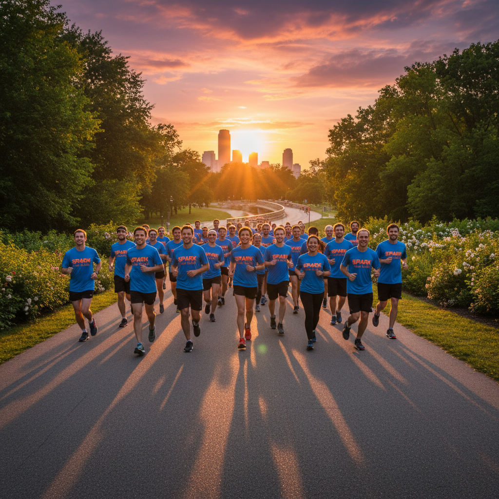 Group of runners from behind wearing matching hoodies, moving together on a trail, backs showing branded athletic wear, community energy