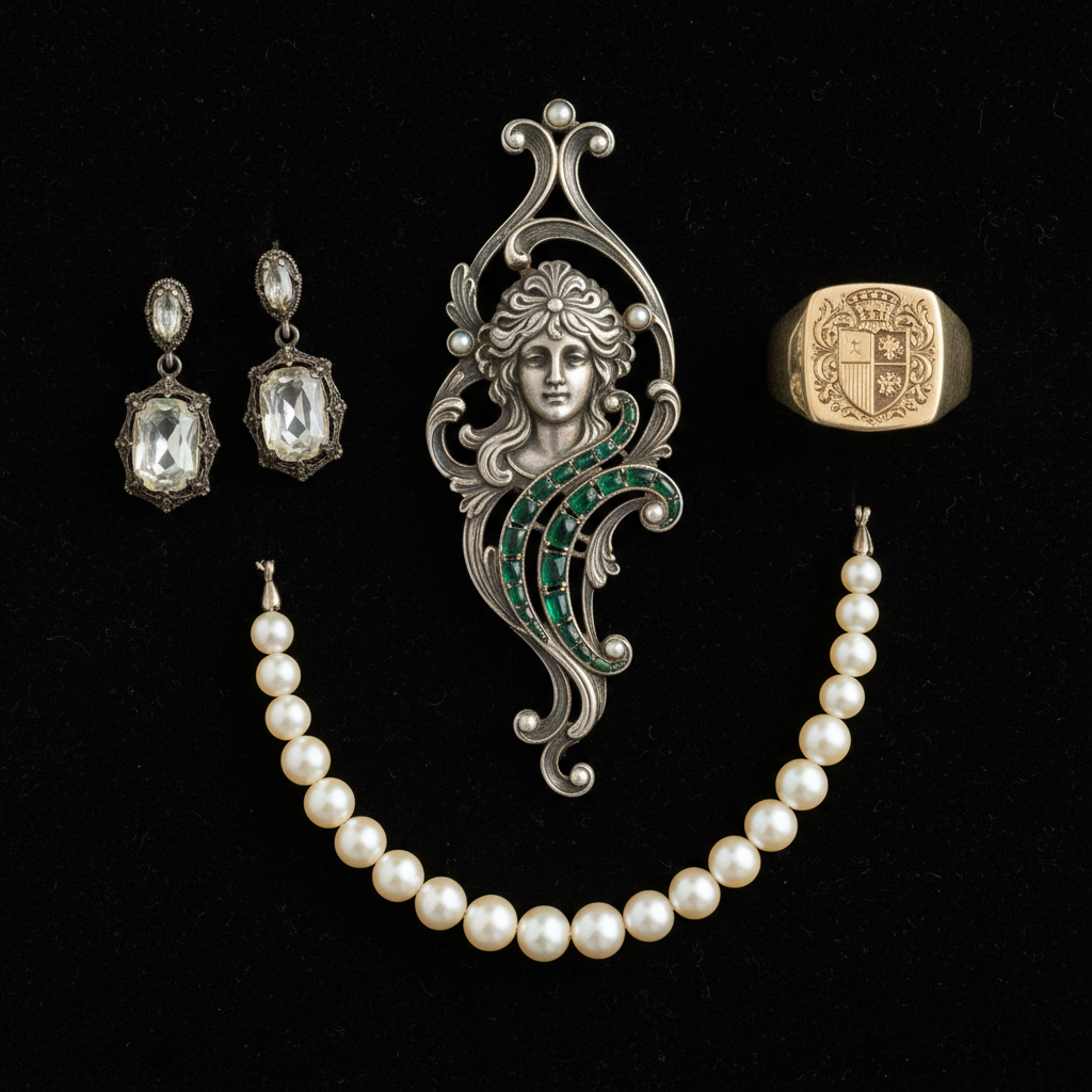 Diamond ring and pearl necklace arranged on dark velvet background with soft spotlight, deep shadows