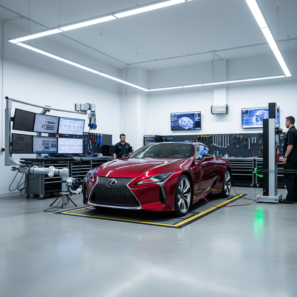 Lexus LC 500 coupe in professional service bay with specialized diagnostic equipment
