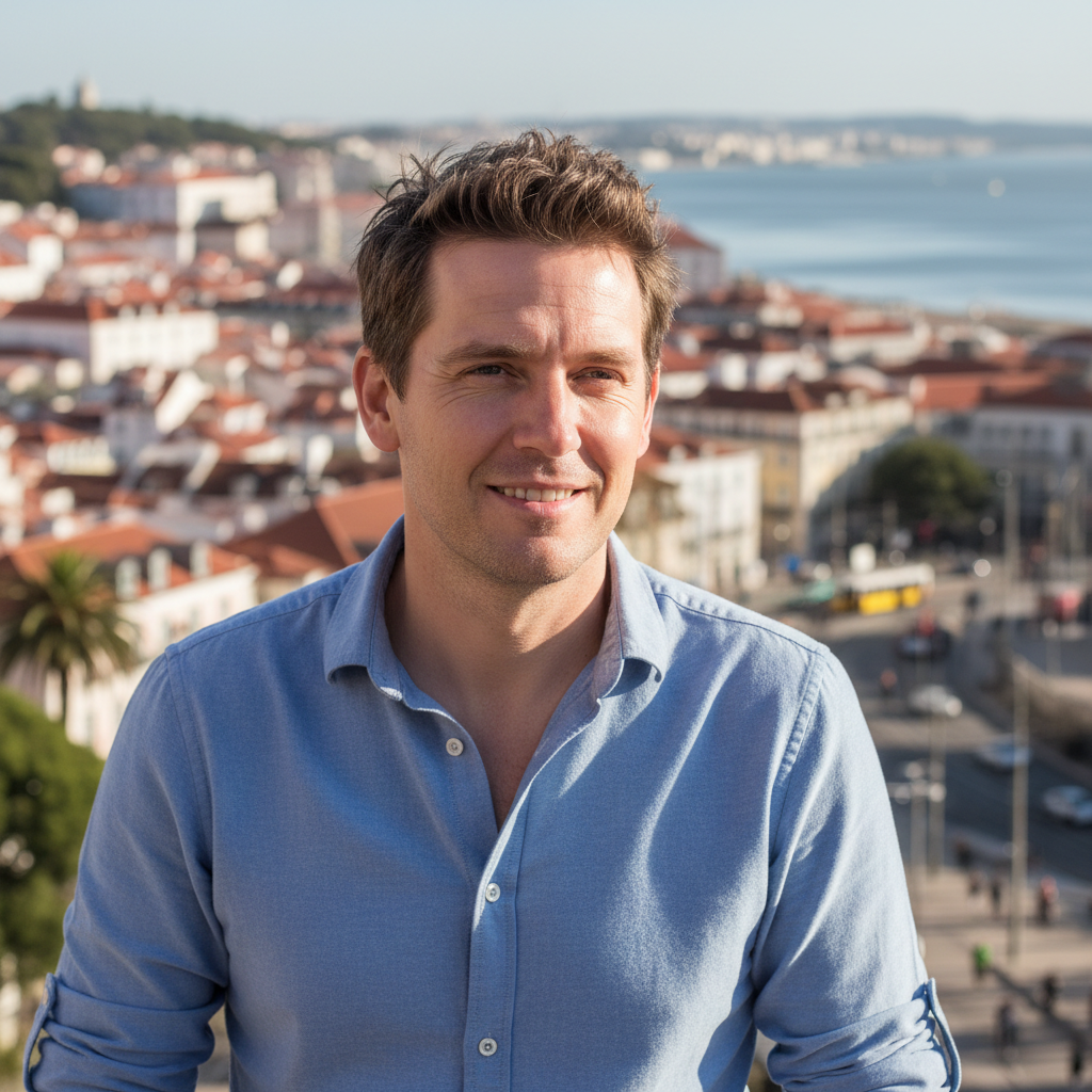 Rajan Sinai, founder of Casa Arvona, smiling in a Portuguese corridor