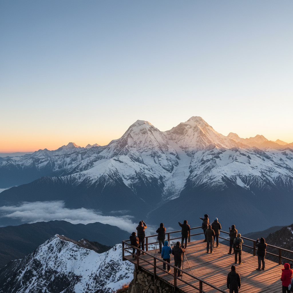 Rishyap village with panoramic Kanchenjunga mountain range view at dawn