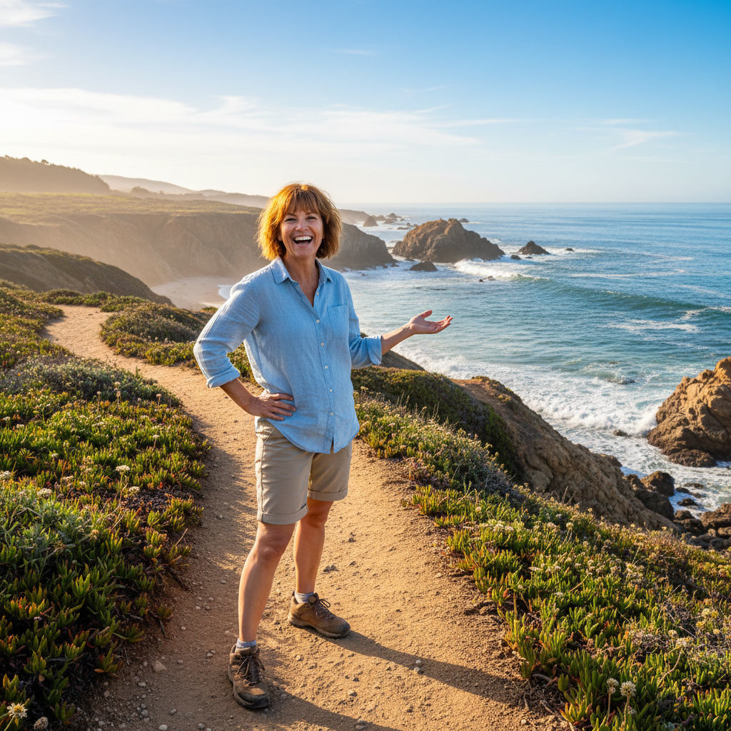 Margot Ellison, smiling woman with short auburn hair outdoors on a coastal trail