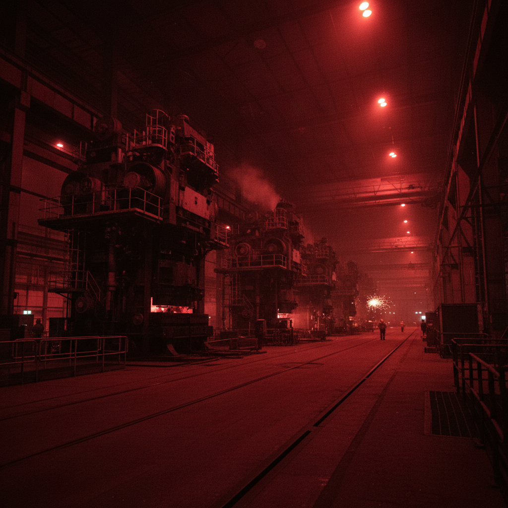 Row of industrial tractors and heavy machinery in a large dim factory, dramatic low-key overhead lighting, dark steel floor