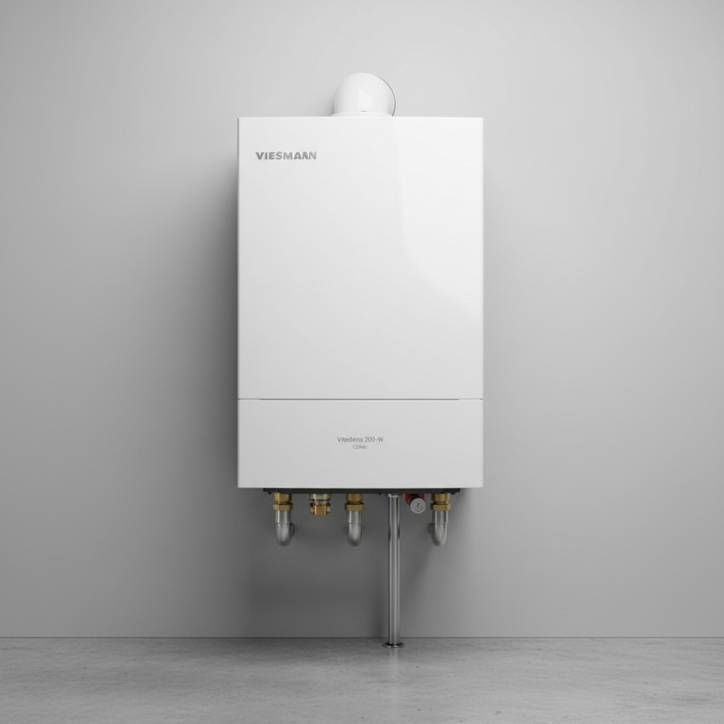 White Vaillant combi boiler mounted on a utility room wall